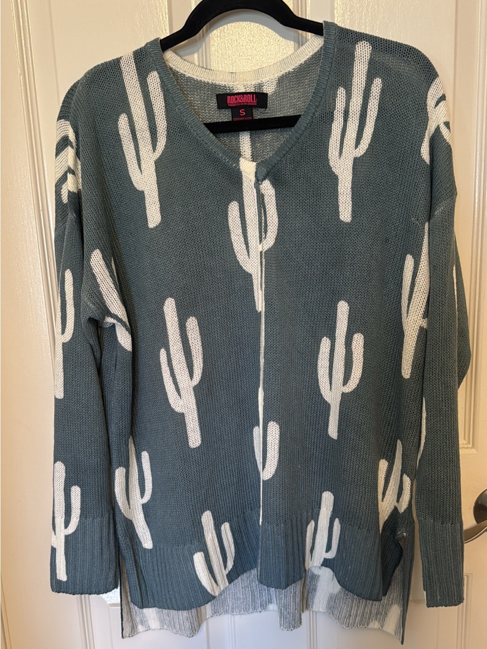 Rock & Roll Cowgirl Teal & White Cactus V-Neck Sweater